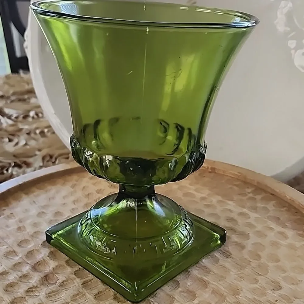 Vintage Avocado Green Pressed Glass Pedestal Vase